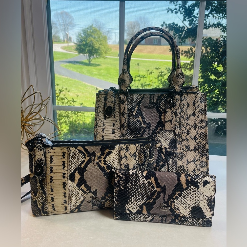 Coach Crosby Carryall Satchel, Crossbody, Wallet Set in Python Embossed Leather